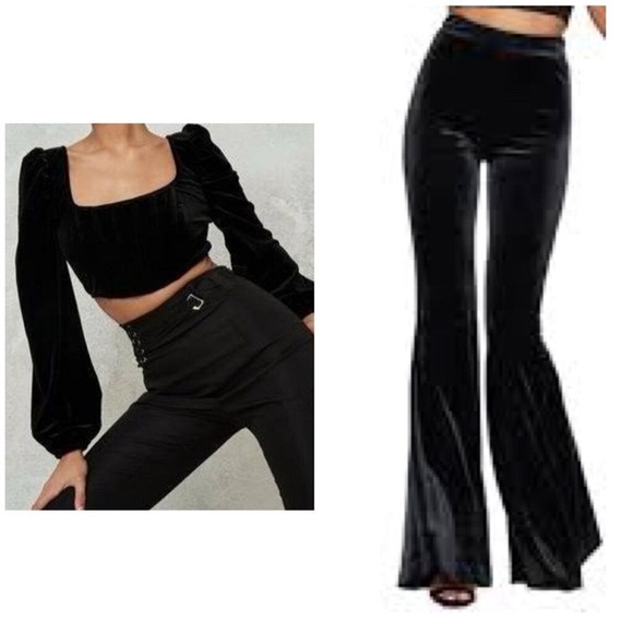 2pc Misguided Velvet Fit & Flare Slit Hem Trousers + Balloon Sleeve Corset Top 4 - Picture 1 of 8